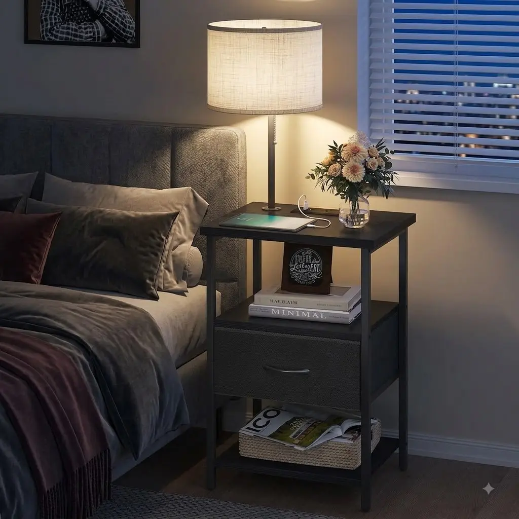 Nightstand with LED Lights Bedside Table with 3 Color Temperatures Bulb, NightStand with Charging Station End Table with Adjustable Fabric Drawer for Bedroom Dorm, Black