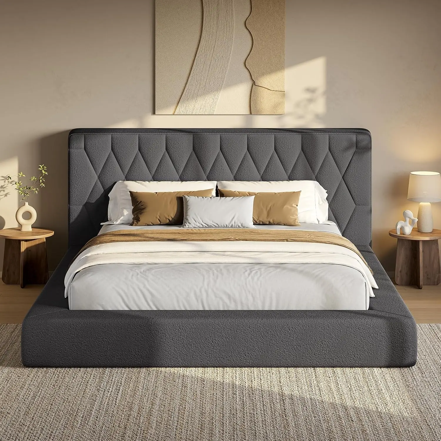 ADORNEVE King Upholstered Cloud Bed Frame, 5.9" Headboard, 4.9" Fully Cushioned Platform, Soft Rounded Corners, Noise-Free, 15-Min Easy Assembly for Master/Guest Bedroom