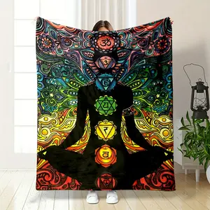 Chakra Meditation Blanket with Colorful Mandala Energy Patterns, Ideal for Yoga Studios and Home Bedrooms. This Spiritual Healing Style Decorative Blanket is Soft and Skin-friendly, Creating a Strong