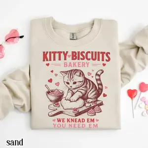 Valentines Cat Sweatshirt Kitty Biscuits Bakery Sweater Funny Vday Cat Lover Pullover Cute Kitten Baking Cookies Love Crewneck Girlfriend