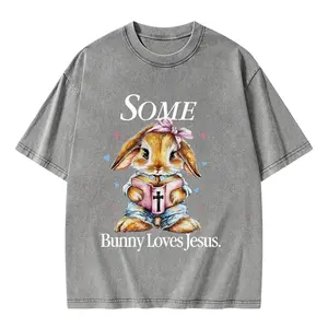 Some Bunny Loves Jesus Christian Washed Top Tshirt Cotton Crewneck Menswear Tees
