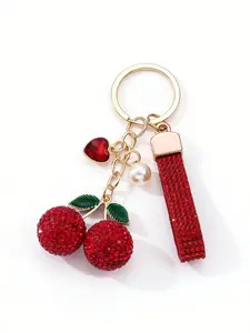 Elegant Heart-Shaped Rhinestone Keychain with Full Diamond Cherry Pearl Drip Oil Alloy, Sweet Luxury Trendy Bag Charm Gift for Friends Family