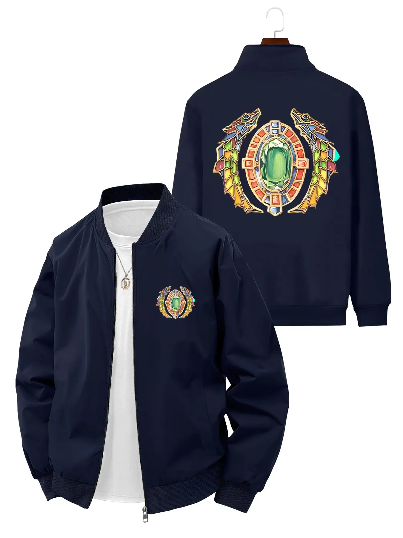 Trendy Fashion Men's Baseball Jacket with Double Dragons Surrounding Gemstone Print for Daily Casual Outings and Streetwear