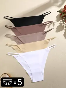 Women's Solid Seamless Panty, Korean Wear, 5pcs Comfy Fitted Breathable Seamless Knicker, Women's Underwear for All Seasons, Trendy Korean Streetwear, Pastel Thongs