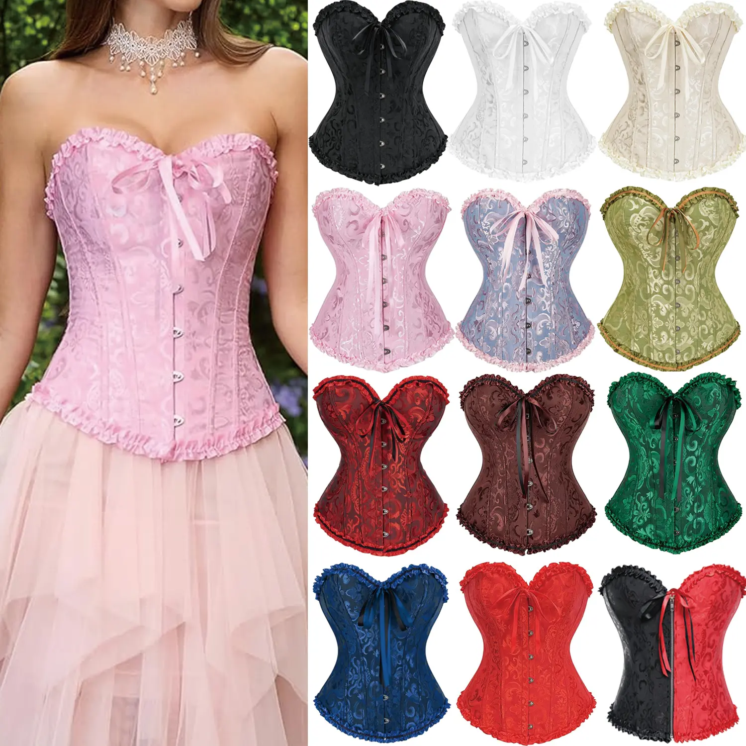 Women's Floral Corset Bustier Top, Gothic Renaissance Lace Up Overbust Shapewear, Fitted Boned Tummy Control for Halloween Costume, Plus Size with Thong, Valentines Day, Sleeveless, 3Xl, 6Xl