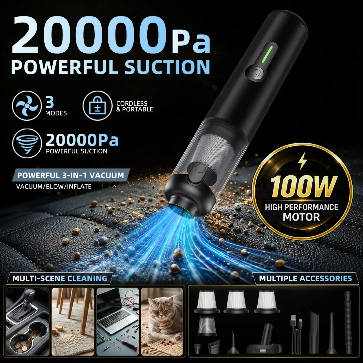 Kedeso X1 20000Pa Cordless Car Vacuum Cleaner, 100W Brushless Motor, 3-in-1 Powerful Vacuum & Air Blower, Portable Deep Cleaning Tool for Car Interior, Home, Pet Hair & Dust