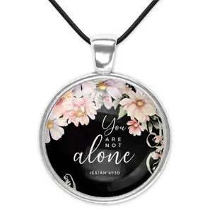 Black Cord Pendant Necklace with Floral Design, Featuring Psalms Isaiah 41 :10 Text