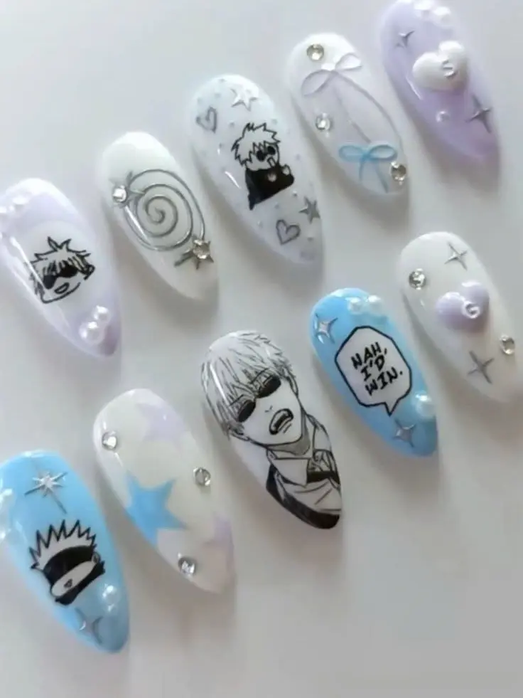 Handmade Gojo Inspired Press On Nails, 3D Anime Chibi Y2K Reusable Gel Fake Nail Set with Free Adhesive Tabs Nail File Cuticle Stick