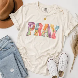 Pray Comfort Colors T-Shirt – Faux Quilted Religious Varsity Graphic, Preppy Cottagecore Christian Easter Faith Shirt, Jesus Gift