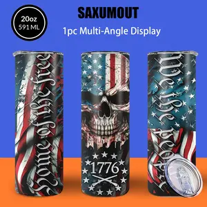 Patriotic skull coffee mug, 20 oz stainless steel thermos mug with lid and straw, can be used as beverage container and kitchen storage, travel mug, spring and summer water bottle, ideal gift for men, women, Funny Stainless Insulated Steel Sports Bottle