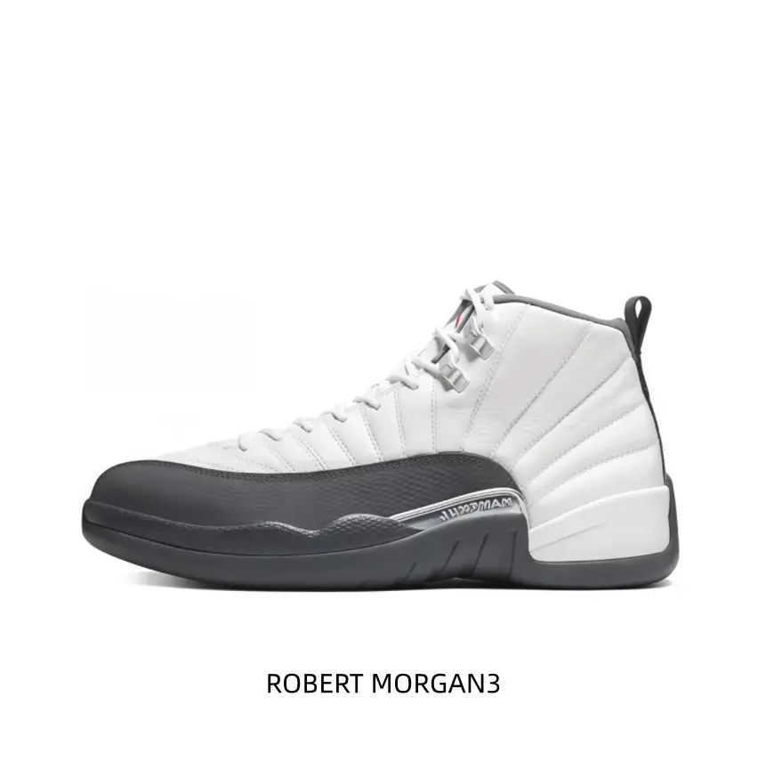Air Jordan 12 white dark grey retro sneakers, classic vertical stitching leather upper with grey toe cap protection.