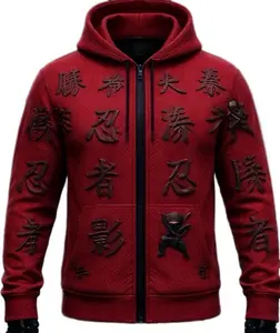 Dark Ninja Hoodie - Red Zip-Up with Embossed Kanji Characters and Ninja Silhouette Design