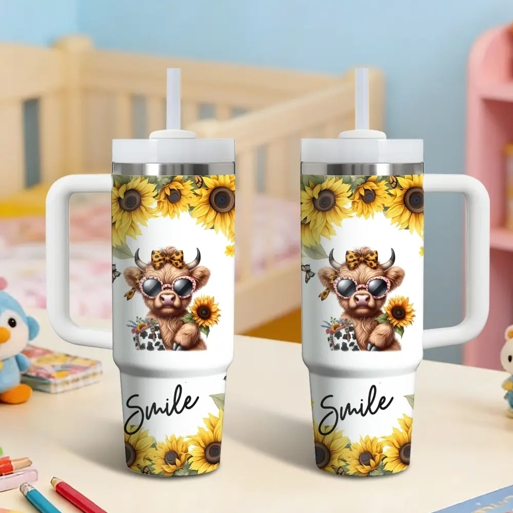 Sunflower Highland Cow 40oz Stainless Steel Vacuum Insulated Tumbler, Double Wall Tumbler with Handle and Straw - Leak Resistant Travel Coffee Mug - Keeps Cold for 24 Hours - Cupholder Friendly Water Cup for Gym and Office, Leakproof Tumbler