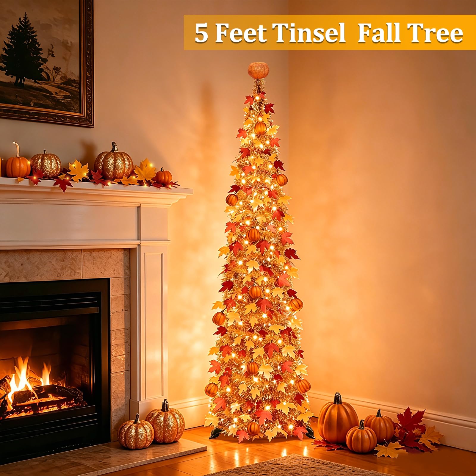 TURNMEON 5 FT Fall Tree Fall Decor, Pop Up Tinsel Maples Tree with 50 Warm White Lights Orange Pumpkins Battery Operated Lighted Halloween Tree Fall Decorations for Home Harvest Thanksgiving Party Indoor