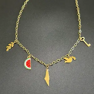 Palestine 5 Charms Adjustable Necklace – Palestine in Five Symbols - Gold Plated Charms and Chain