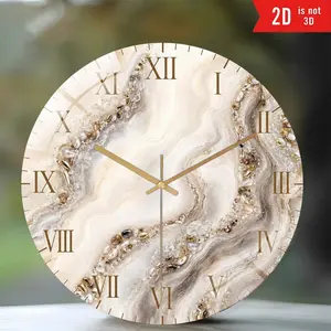 8 Inch Silent Non-Ticking Wall Clock, White Marble Agate Roman Numeral Acrylic Clock, Gold Accent 2D Flat Round Wall Decor, Battery Operated Clock for Bedroom, Kitchen, Living Room, Office, Dorm & Home Gift