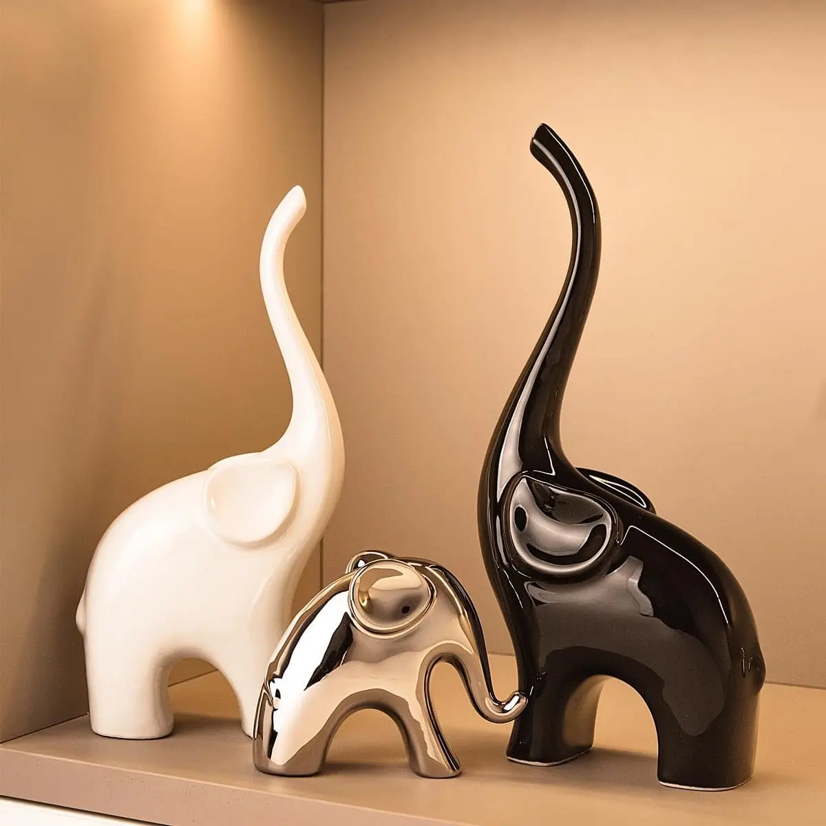 Elephant Statue Set of 3,Modern Ceramic Decor Statue,Good Luck Elephant,for Bookshelf Living Room Office Table Shelf Decorations.Gift for Elephant Lovers. (White Black Silver)