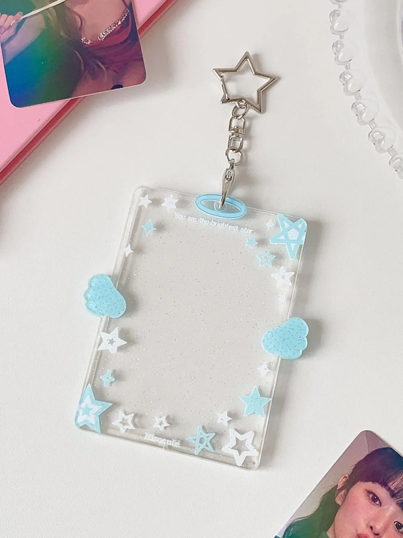 Korean Style Girl Wings Star 3 Inch Transparent Idol Card Case, Student Polaroid Display Holder, Cute Hanging Card Sleeve, Clear Id Badge Holder