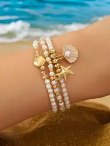 Set of 3 Boho Style Starfish Shell Bracelets, Stackable Bracelet, Boho Style Bangles, Faux Pearl Summer Jewelry, Perfect for Beach Travel & Holidays
