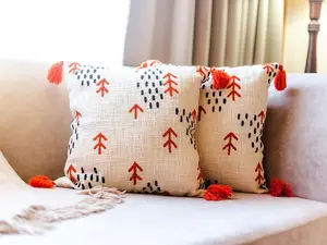 18x18 in (45x45 cm) 100% Cotton Classic Style Embroidered Tasseled Throw Pillow Covers, Set of 2 - Orange-Black Decorative Cushion Covers for Couch, Bed
