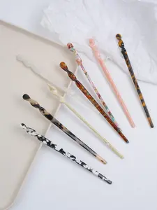 8pcs Vintage Elegant Acetate Hair Sticks, Sweet Versatile Bun Headpiece, Retro Marble Leopard Print Hair Accessories for All Seasons