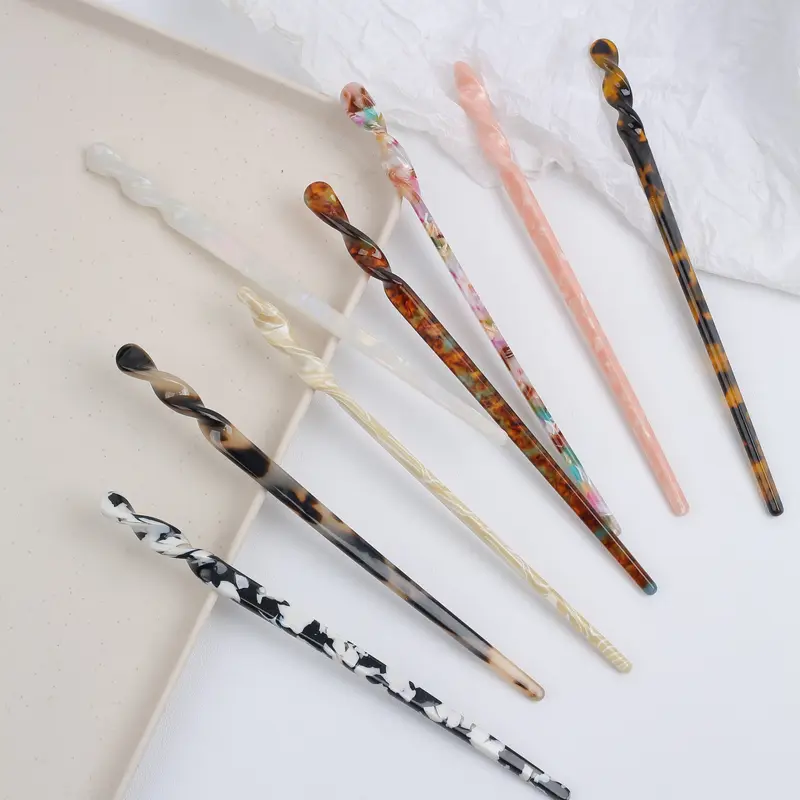 8pcs Vintage Elegant Acetate Hair Sticks, Sweet Versatile Bun Headpiece, Retro Marble Leopard Print Decorative Hair Accessories for All Seasons, Fashion Hairpins