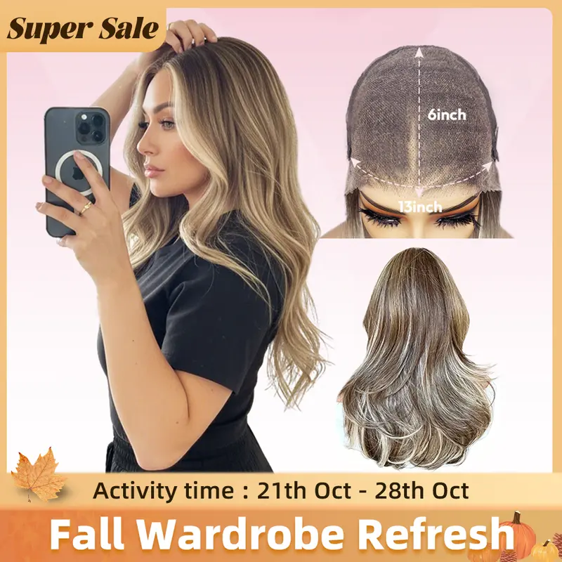 Shannon Women's 13x6 HD Pre-Cut Lace Front Synthetic Wig - VIGN Hazelnut Money Piece Wavy, Hand-Tied Pre-Plucked Hairline, Layered Low Density, Heat-Resistant Fiber, Skunk Strip Style, Glueless, Wear Instantly for Party & Daily Use