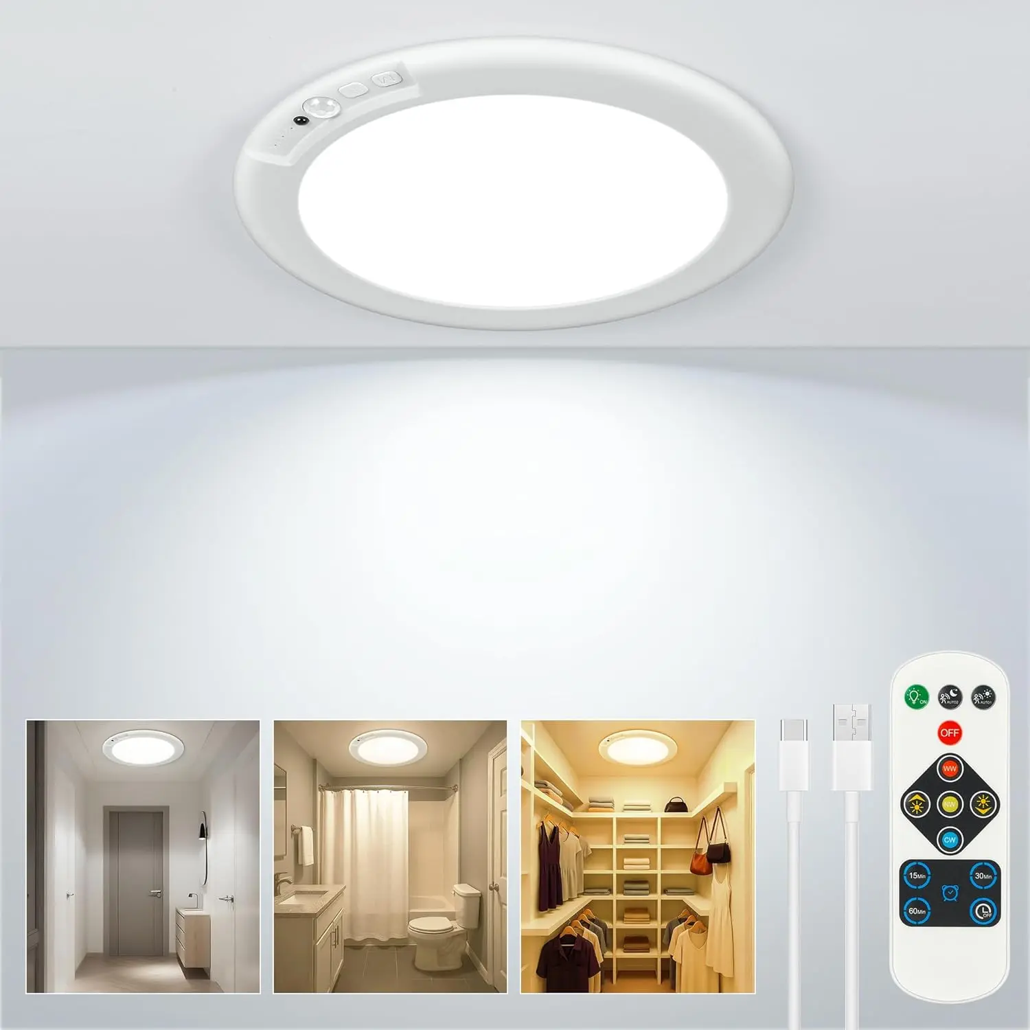 Rechargeable Adjustable LED Motion Sensor Ceiling Light Bulb - 400Lumens, Auto On/Off, Steel-Plastic, Magnetic Wireless Remote Control, Plastic, Battery-Powered, Easy-Install for Bedroom, Closet, Home Improvement Indoor Ceiling Lighting, Led Light Bulb