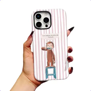 Pink & white striped toothbrush monkey phone case for iPhone 17/16/15/14/Pro Max/Pro/Plus — premium fashion, drop-resistant