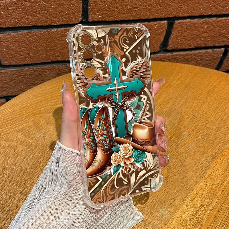 Cross Cowgirl Boots Hat Phone Case For SAMSUNG GALAXY A14 A15 A16 A25 A26 A34 A35 A36 A53 A54 A55 A56 4G 5G Gift Ideas Anti-drop Cellphone Protective Shell Soft Transparent Shockproof Mobile Phone Cover, Soft Tpu, Tpu, Limited Edition, Customized