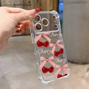 Anti-Drop Transparent Aesthetic Bow Cherry Pattern Phone Case for iPhone 15/15 Plus/15 Pro/15 Pro Max/11-16 Promax, Creative Protective Shockproof Cover