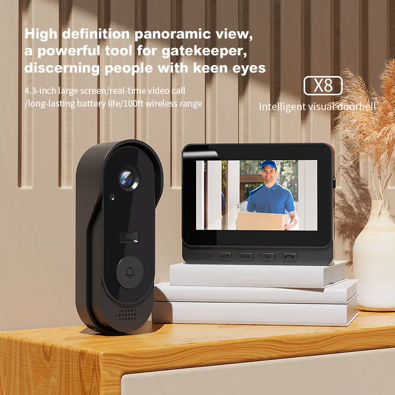 X8 Wireless Video Doorbell 4.3in Portable Monitor No WiFi No APP IP66 Waterproof Outdoor Security Camera Night Fill Light 2-Way Intercom Long Battery Life