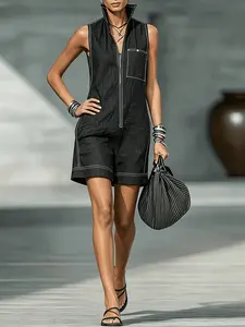 New Summer Women's Sleeveless Workwear Romper, Zipper Slimming Fit Casual One-Piece, Non-Denim Short Pants for Spring & Summer, Minimalist