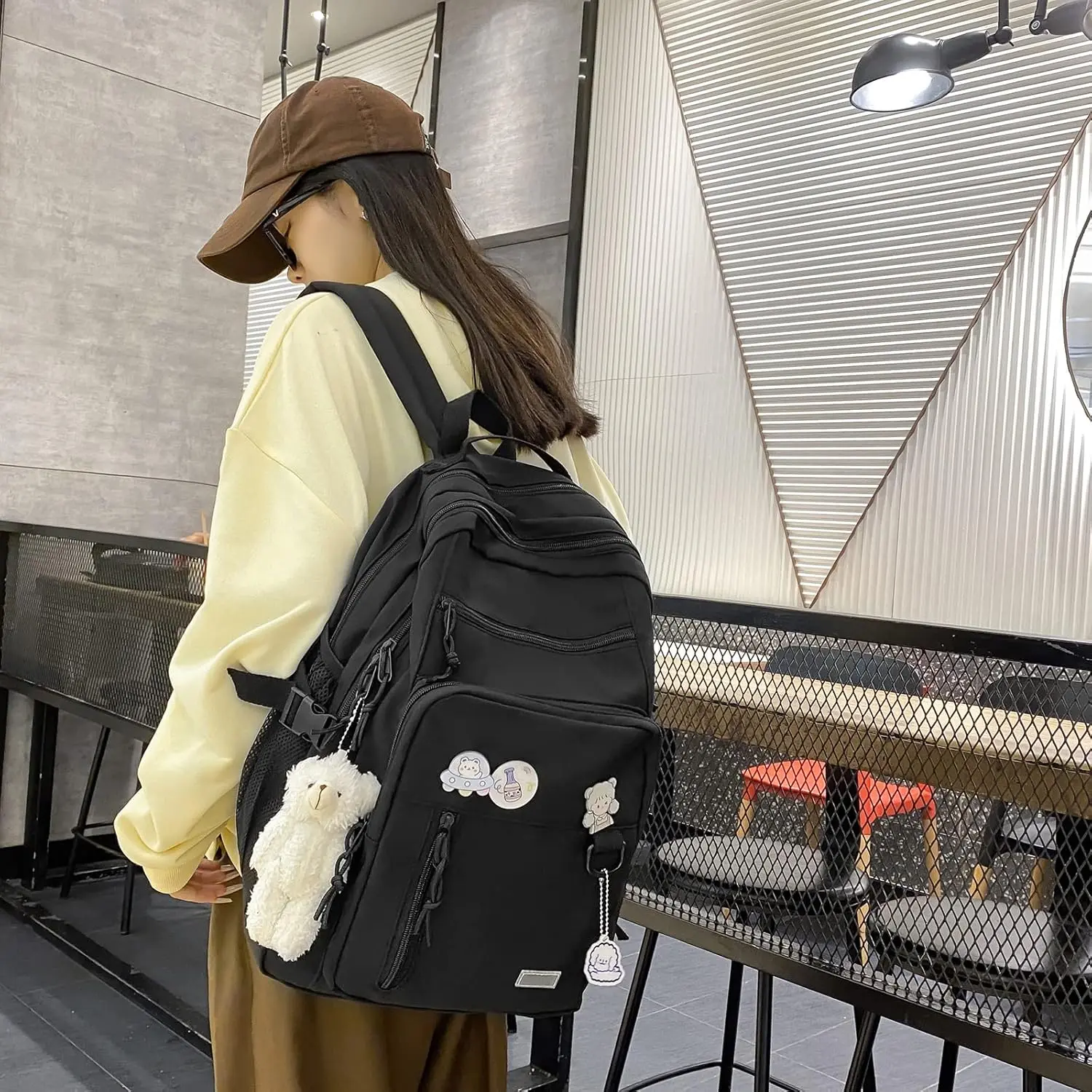 Cute Aesthetic Backpack for School Travel with Bear Pin, 15.6 Laptop, Nylon, e1a5821c-c282-46fe-b667-  main image 3