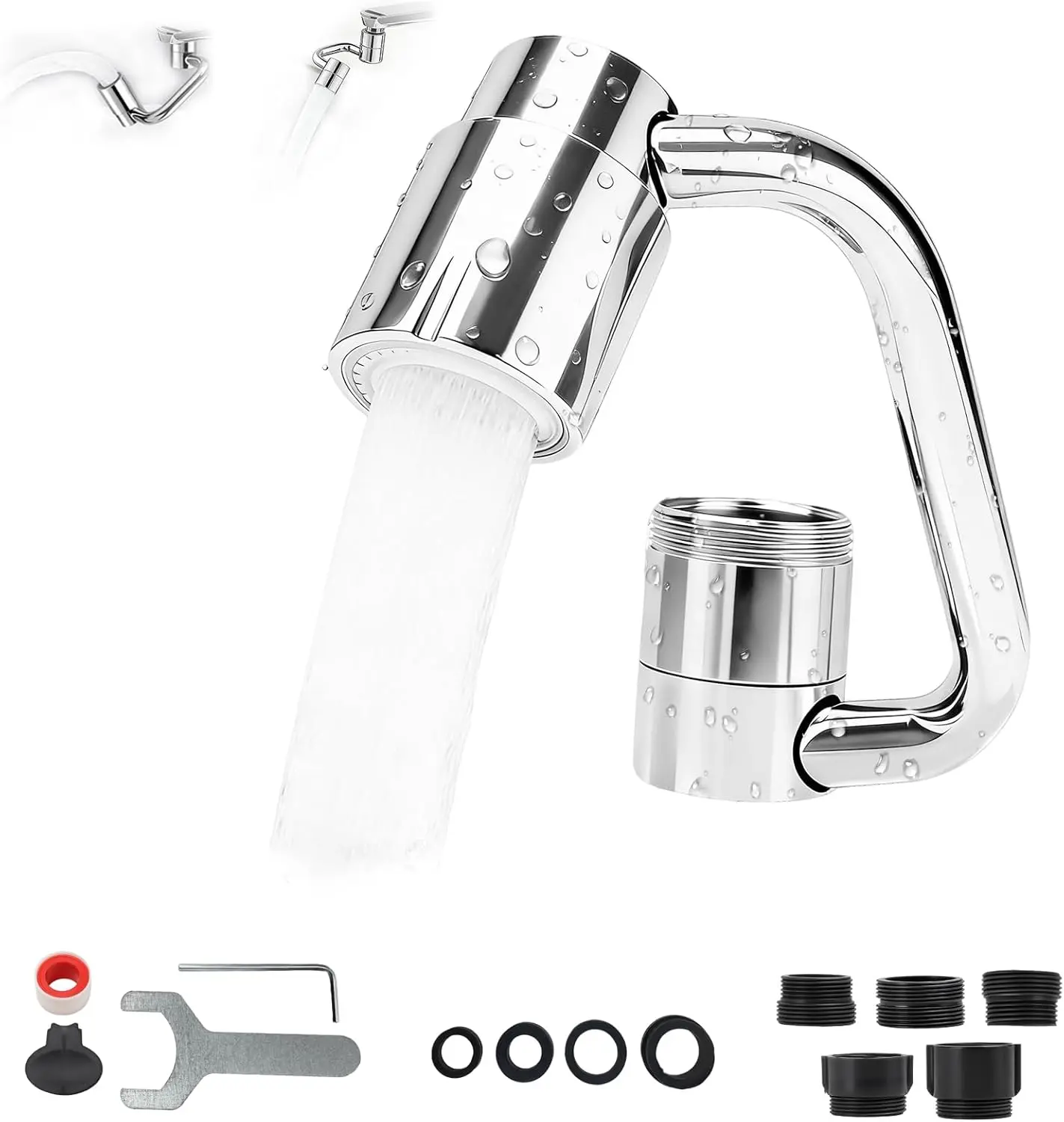 Matte Silver U-Shaped Anti-Splash Kitchen Faucet Extender Accessory - Screw-On Countertop Fit, 1080° Full Rotation, Extended Spout, Durable Build, 3 Adapters & Washers, 2 Spray Modes, Tool-Free Quick Installation