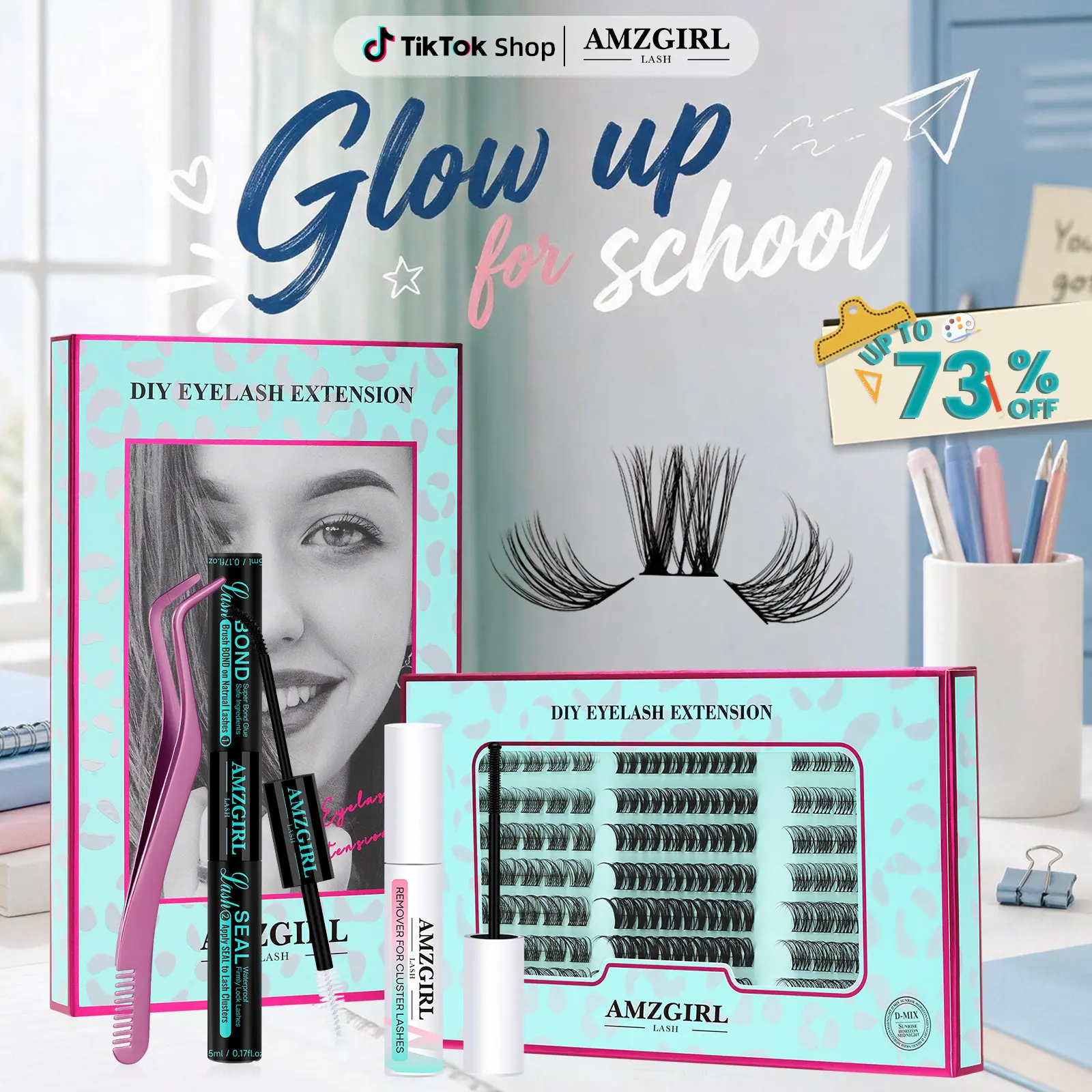 AMZGIRL LASH  Diy Lash Extension Kit 144PCS Prism Eyelashes Makeup Cosmetic  with Lash Remover & Lash ApplicatorEyelashes Kit for Beginners