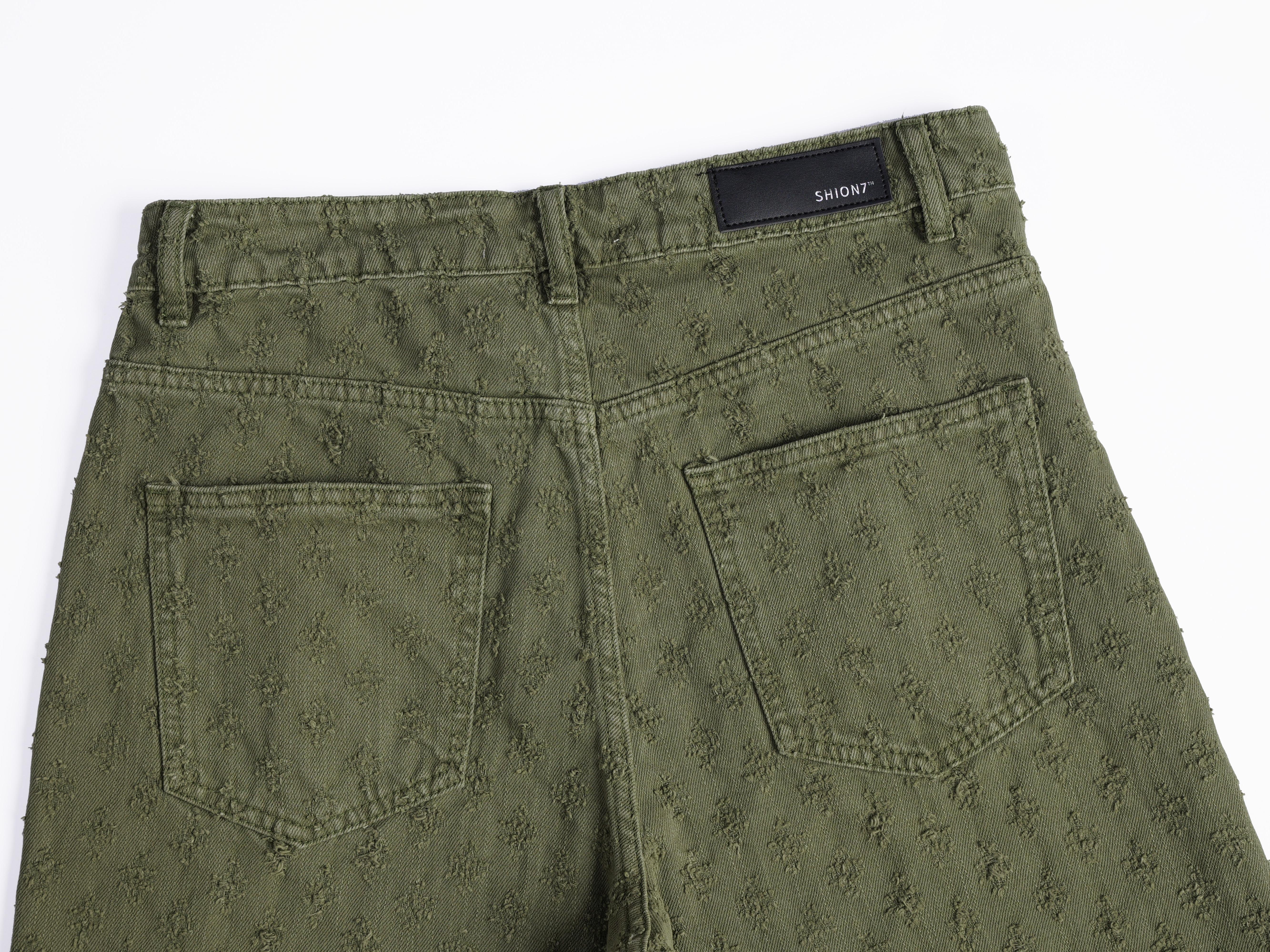 Green Distressed Denim Shorts For Men, Loosen Fit Mid Rise Summer Fashion Bottoms