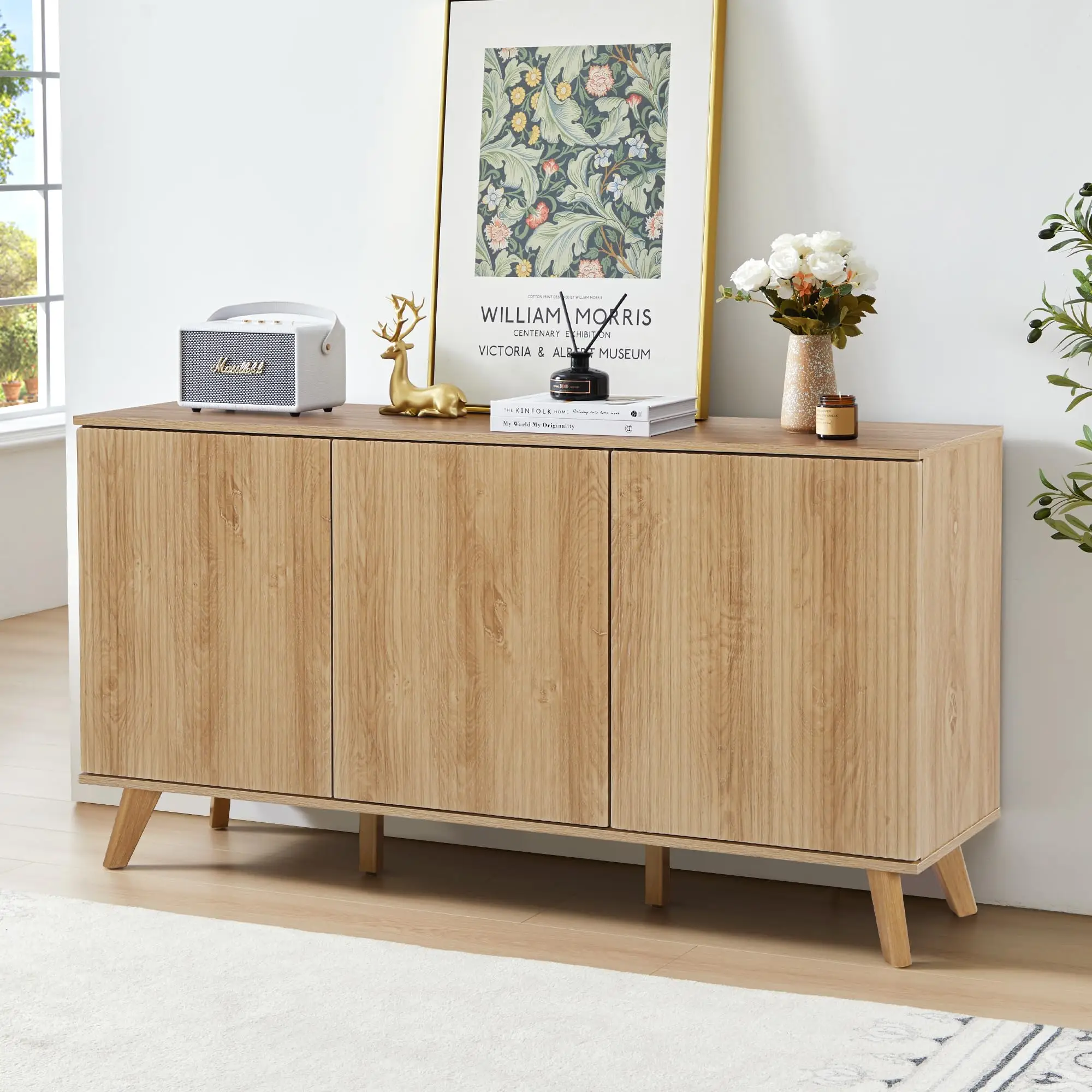 Giratree Fluted Sideboard Buffet Cabinet with Storage, Modern Storage Cabinet with 3 Doors, Wood Credenza Buffet Sideboards, Bar Cabinet Console Table