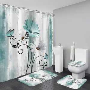 Rustic Farmhouse Shower Curtain Set 4pcs Farm Teal Daisy Floral Bathroom Decor Set with Shower Curtain and Rugs and Accessories