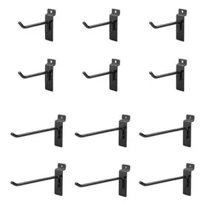 Jifram Extrusions, Inc. Easy Living Easy Wall Bag of Six 4 in. & Six 6 in. 45 Degree Black Metal Slatwall Hooks with Stabalizer & Double Hook Clips