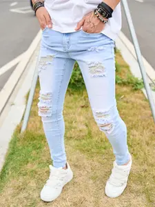 Men's Ripped Jeans, Casual Comfy Streetwear Pocket Skinny Jeans Pants for Daily Wear, Fashion Men's Bottoms for All Seasons Fabric