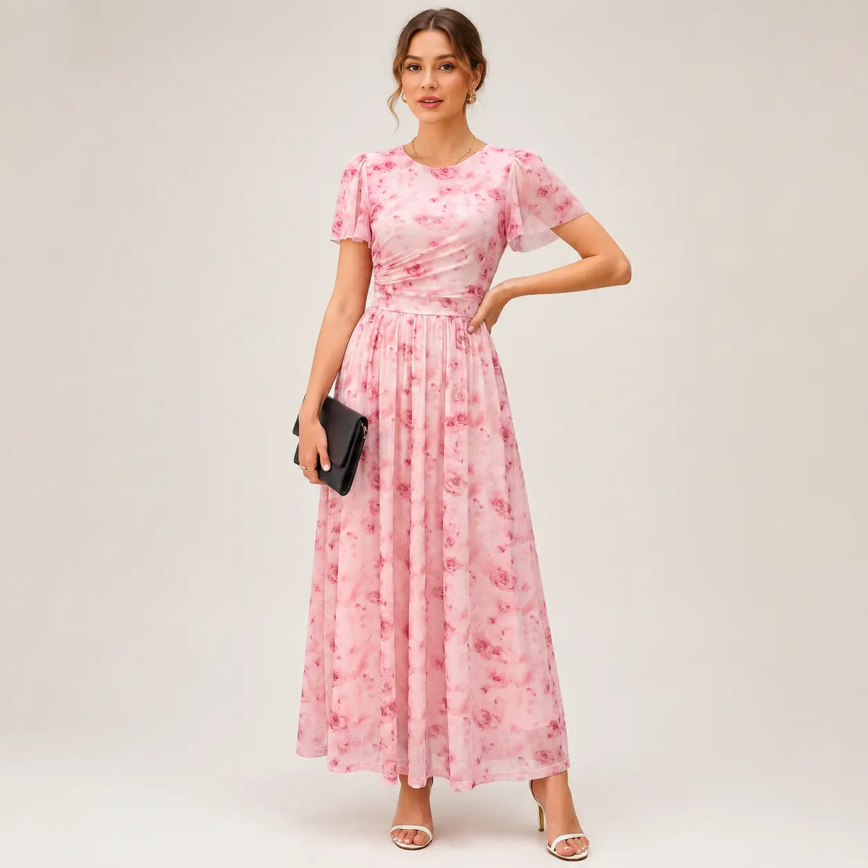 Women's Chic Ruffle Sleeve Maxi Gown with Rose Pattern, Long Special Occasion Outfit for a Wedding Guest or Cocktail Party, Dresses To Wear To A Wedding, Shortsleeve, Wedding Guest Dress, Crew Neck, Flutter Sleeve, Floral, Party Wear, Maxi Length