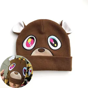 European and American style teddy bear knitted embroidery knitted wool hats, fashionable and cute brown men's hats
