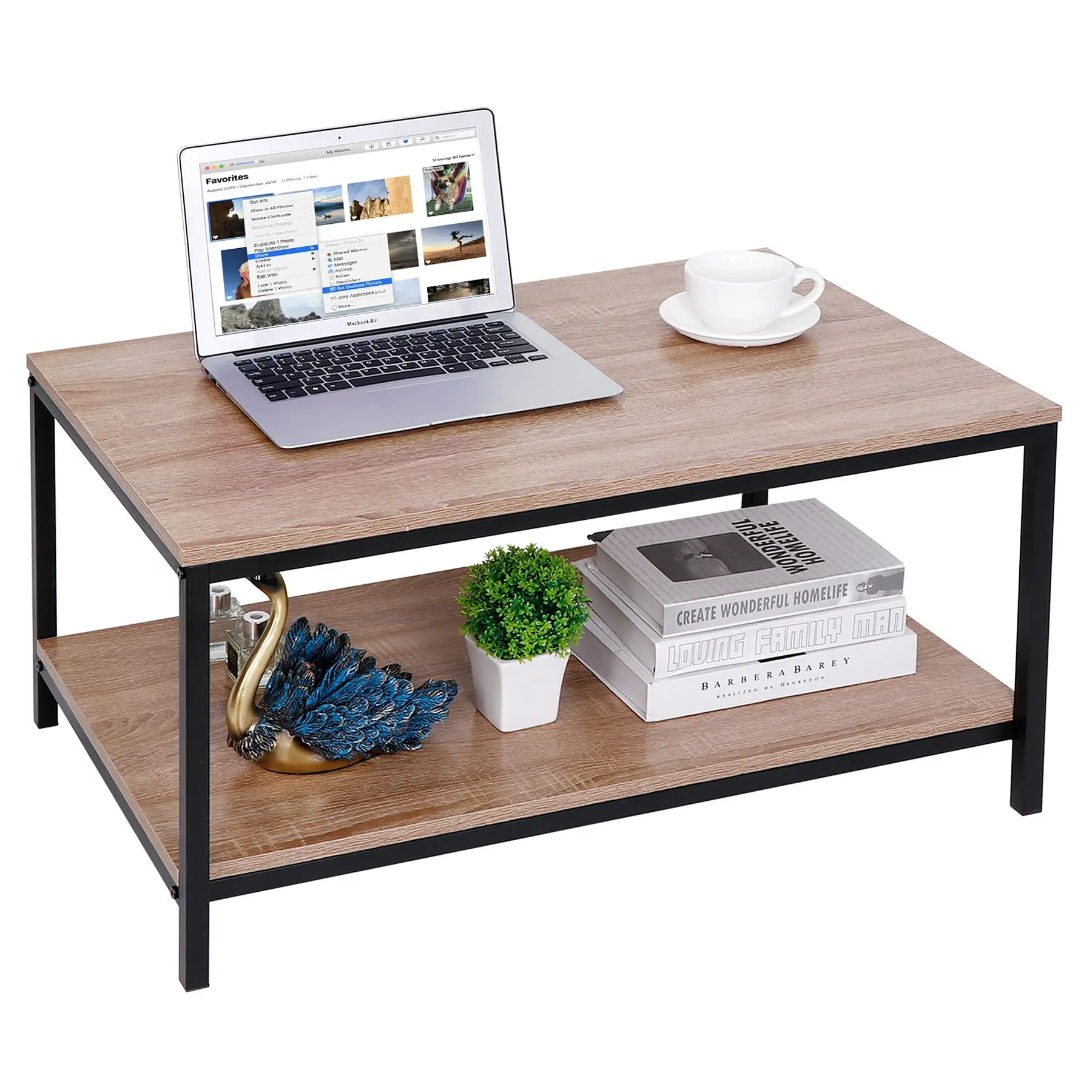 Zeny 2-Tier Retro-Industrial Rectangle Coffee Table - MDF & Metal Frame, Natural Wood Grain Finish, Storage Shelves, Floor Protection Caps, Easy to Clean, Assembly Required, Reinforced Renter-Friendly Space Saving Furniture for Apartments