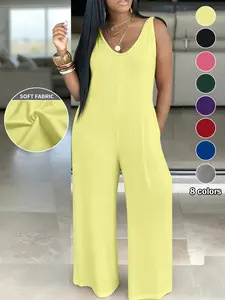 Plus Size Women's 8 Color Options, Casual Simple Solid Sleeveless Hooded Tank Romper, Loose Wide Leg Pants with Pockets, Essential for Daily Use