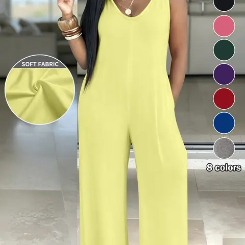 Plus Size Women's Casual Loose Simple Solid Sleeveless Pockets Wide-Leg Hooded Jumpsuits for Everyday Wear Casual Fashion Jumpsuit