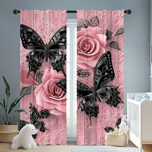Rose Butterfly Design Curtains Set, Window Curtain, Room Decor Curtain, Elegant Polyester Drapes with Rod Pockets, Perfect for Living Room Bedroom Office