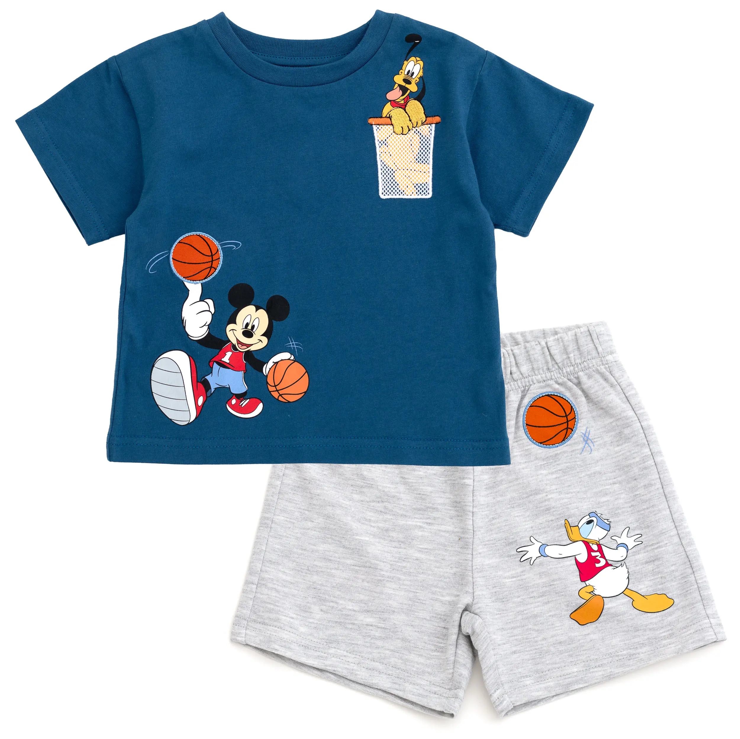 Disney Mickey Mouse Baby Boys' Basketball Graphic Tee and French Terry Shorts Outfit Navy Grey Pluto Newborn to Infant