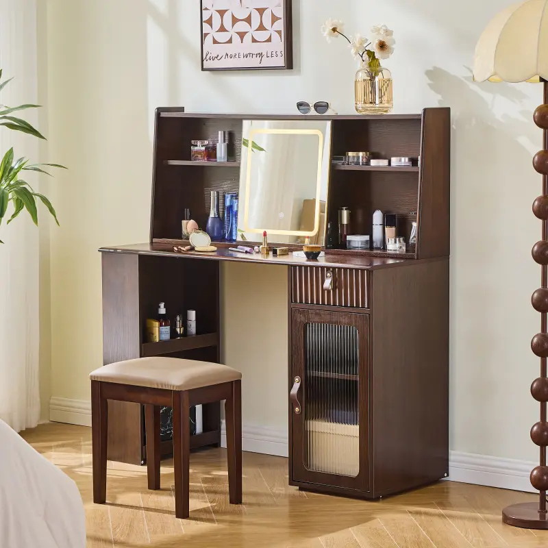 [SOIYELIFE] Elegant makeup vanity desk with 3 modes Adjustable Lighted Mirror,modern dressing table set with large shelves, drawer and canbinet,Walnut,Unique furniture