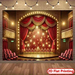 1pc 2D Flat Theater Stage Backdrop Curtain Banner - Elegant Red Golden Theater Design Curtain Panels Large cm/ft Wedding pty Photo Booth decors - Electricity Needed Easy Hang Installation Events Ho